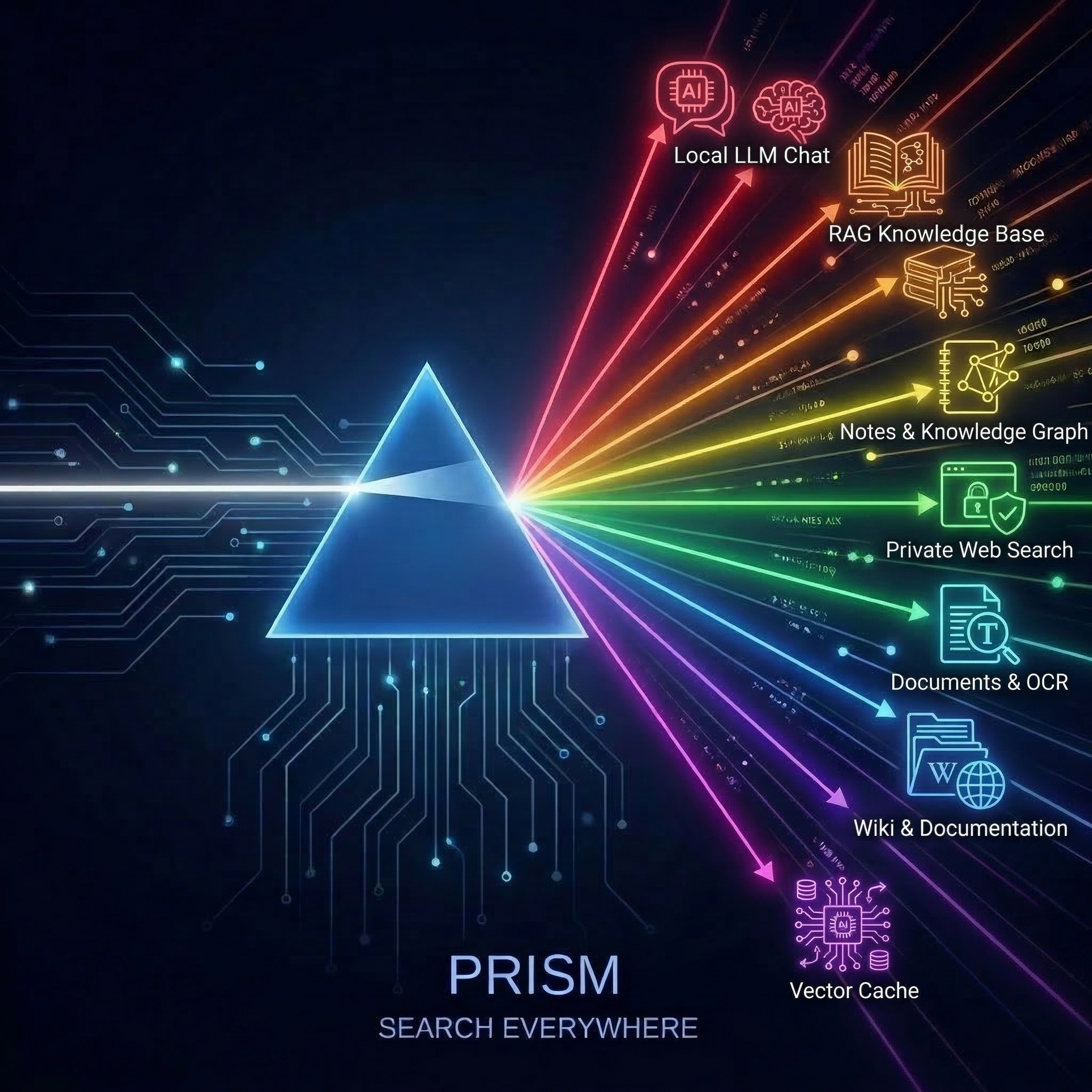 Prism — Search Everywhere. One query refracted across 18 integrations.